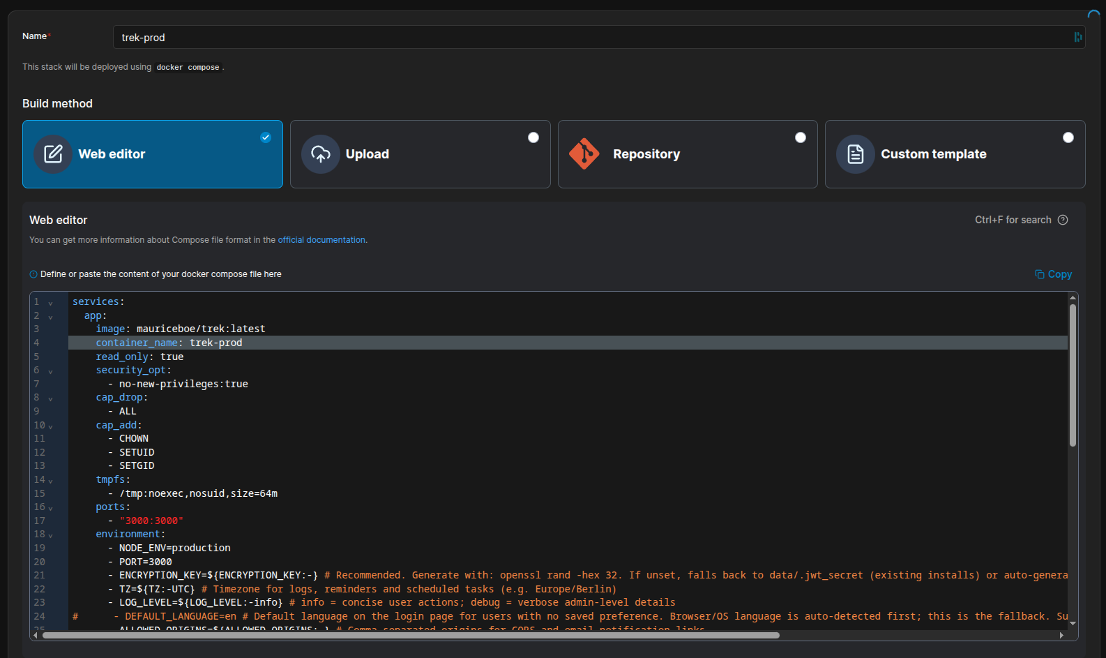 Web editor with the docker-compose content pasted in