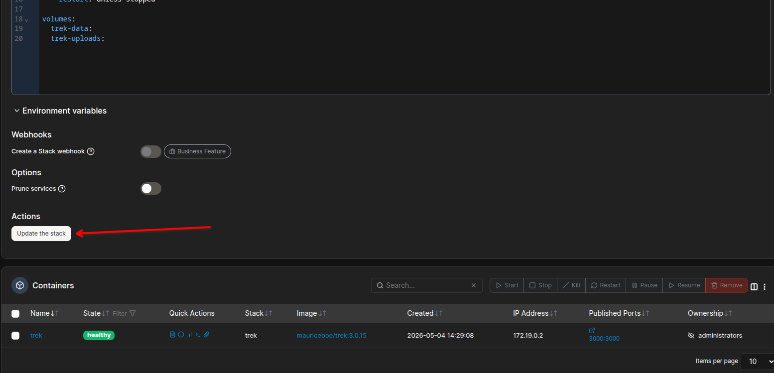 Edit stack page with an arrow pointing to the Update the stack button