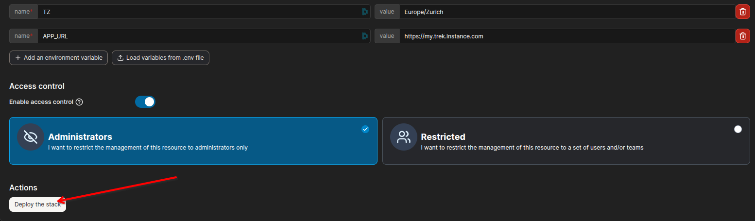 Deploy the stack button highlighted