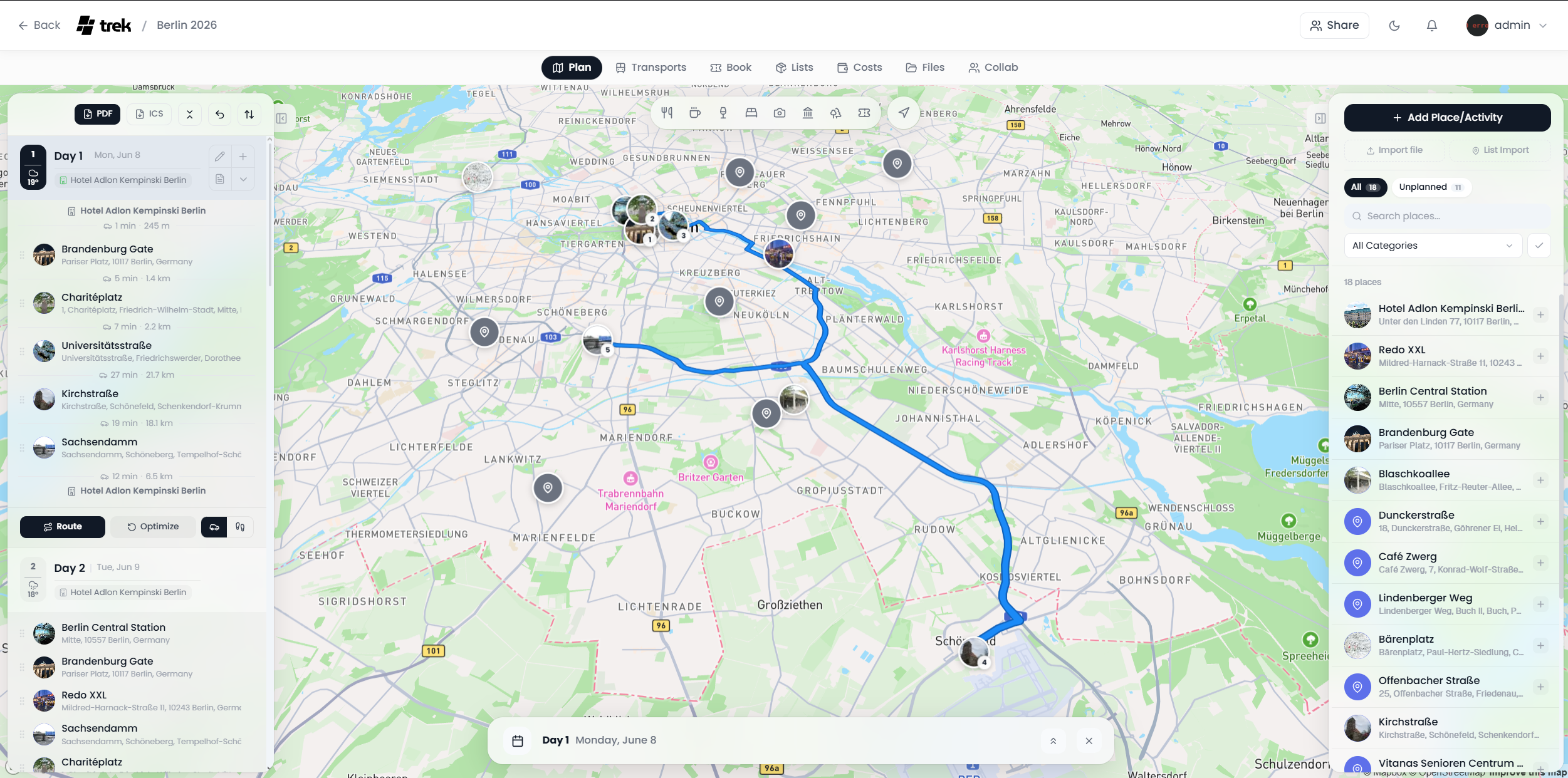 Trip planner · day plan and route