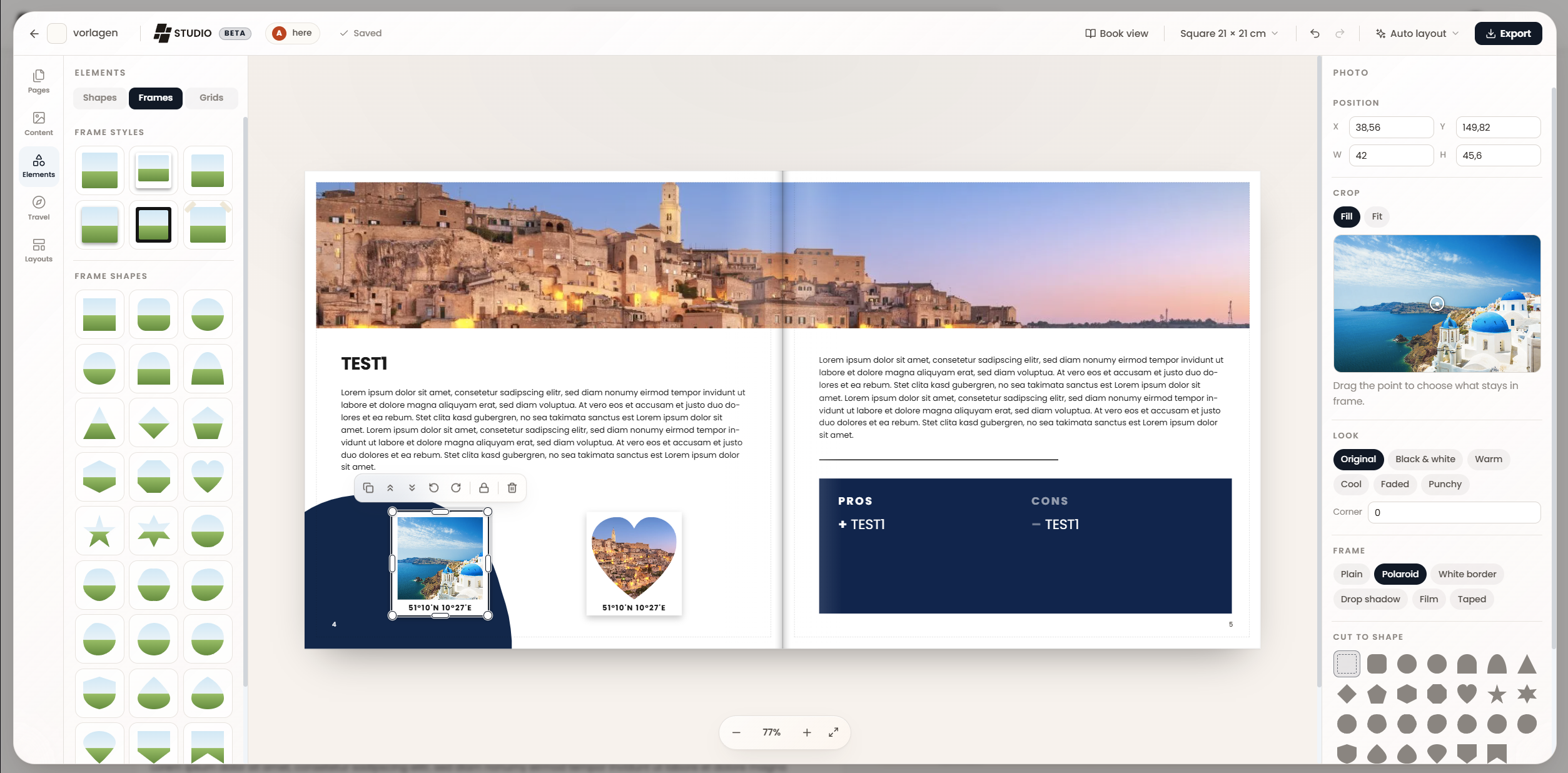 Frame styles and frame shapes in TREK Studio, with a photo's crop, look and frame options in the inspector