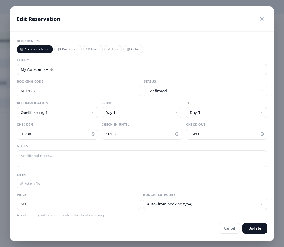 Accommodation reservation card showing check-in details