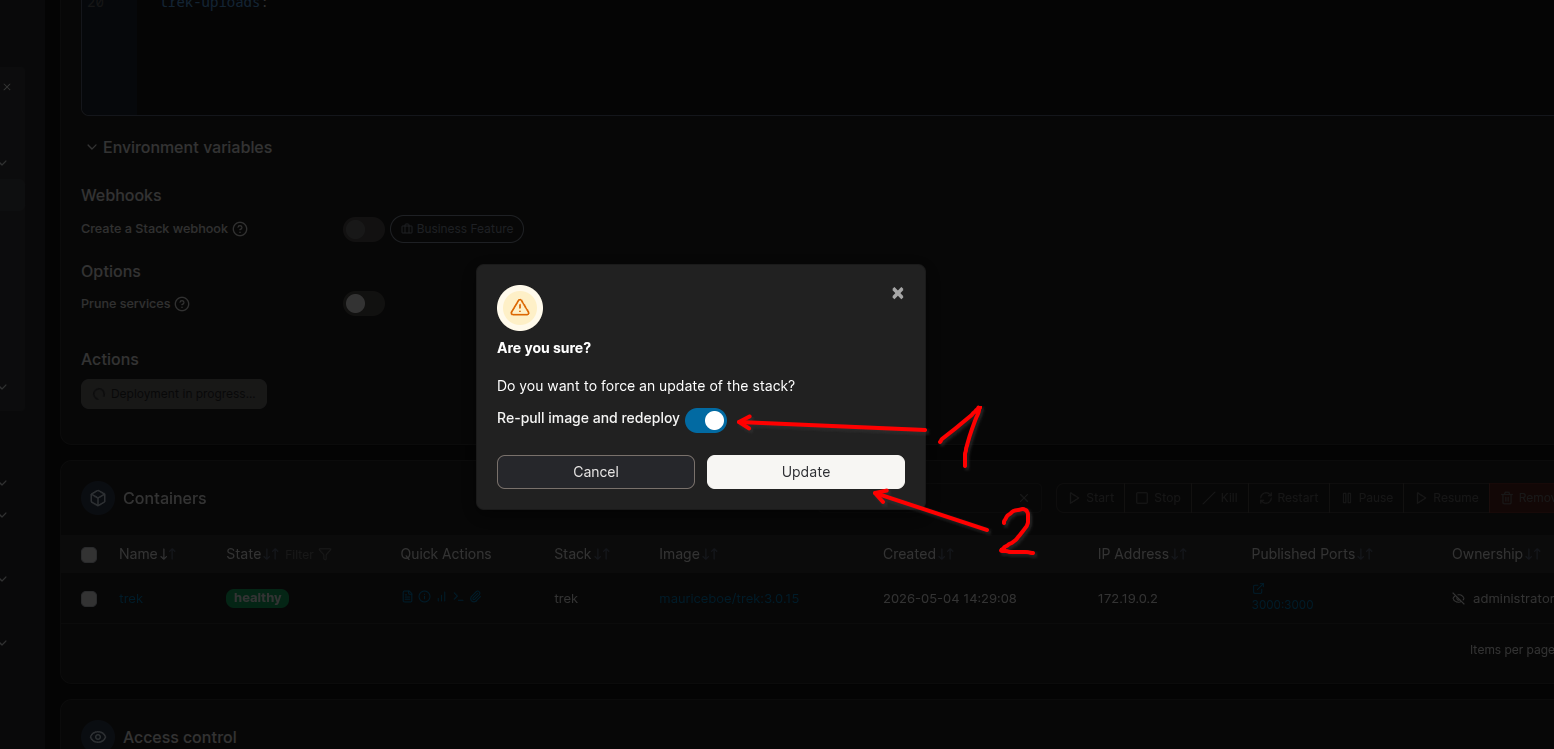 Re-pull image and redeploy switch ticked, with arrows pointing to the switch and the Update button
