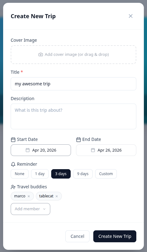 Trip creation dialog