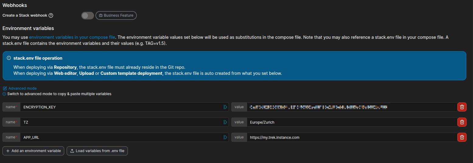 Environment variables section with key/value fields filled in