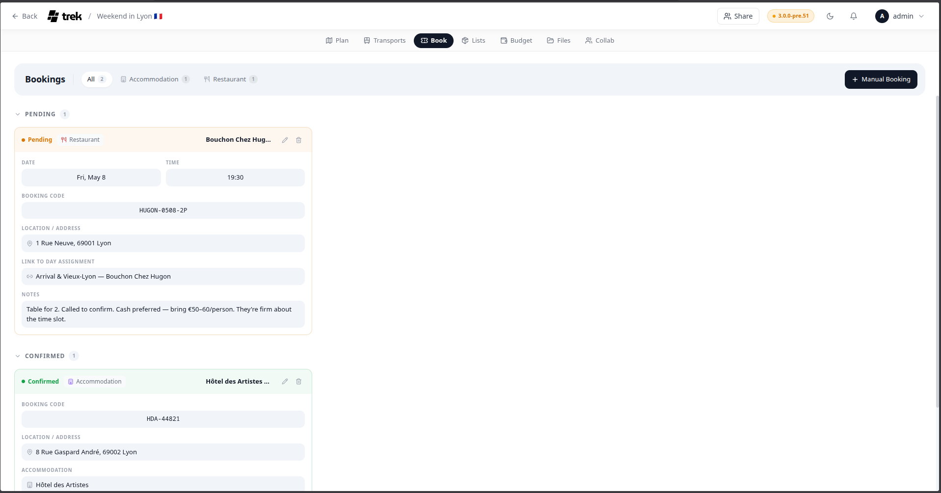 Reservations panel