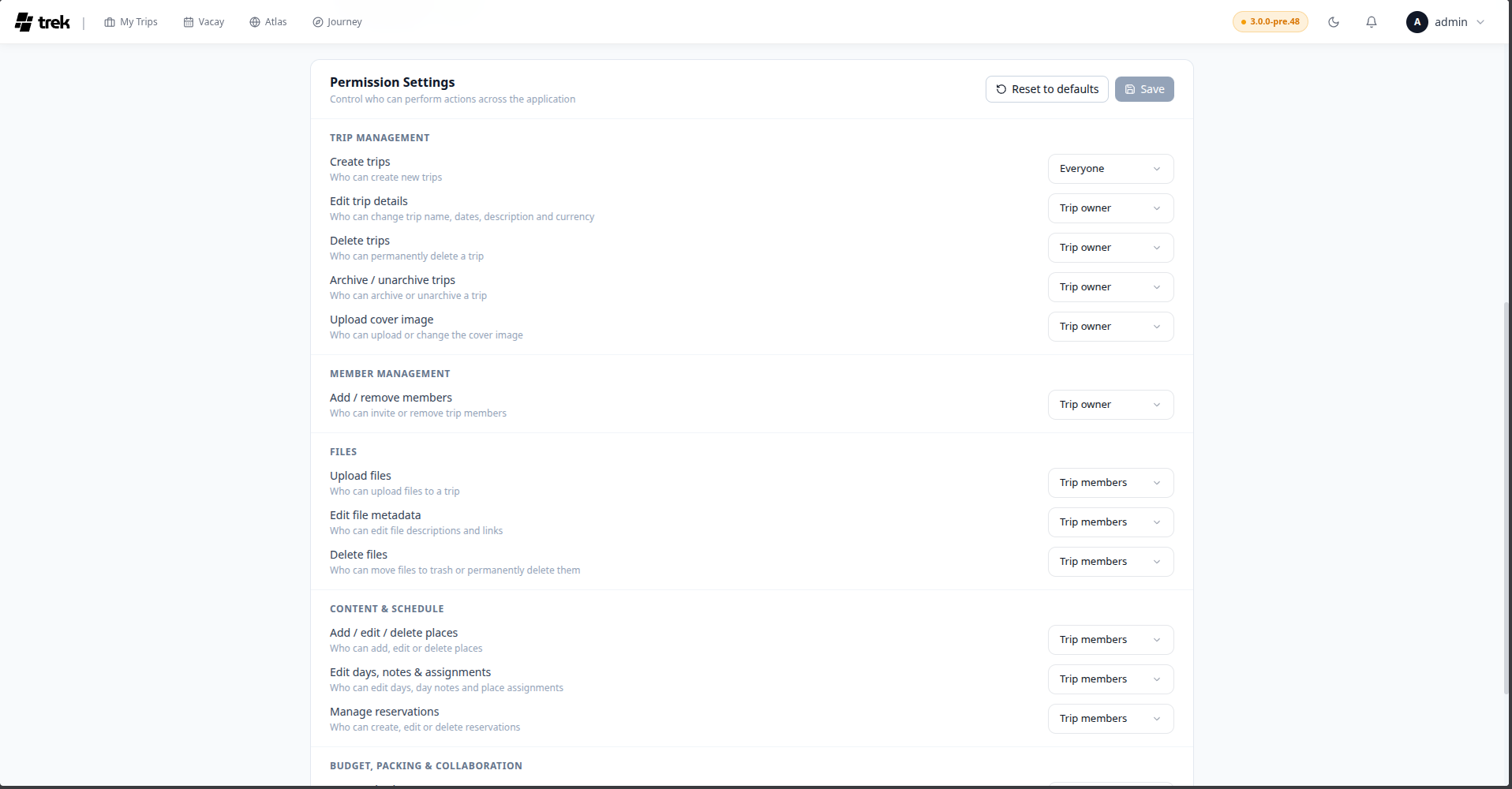 Permissions panel