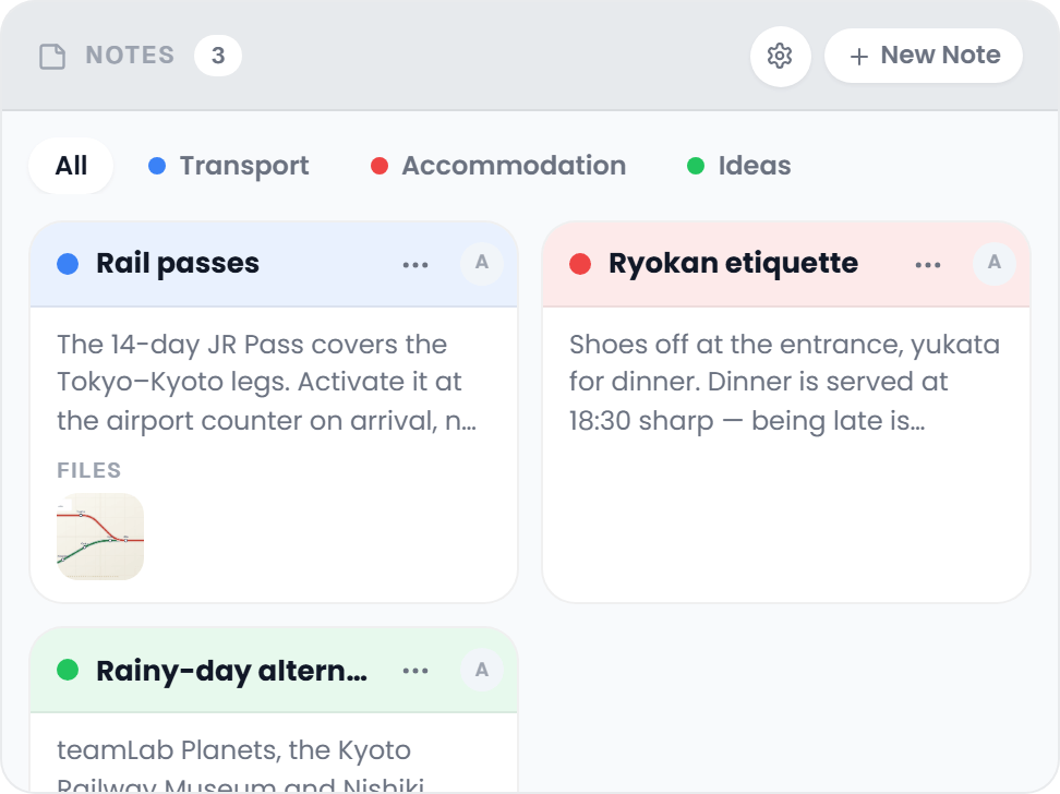The Notes card in the Collab tab: the category filter on top and the notes as compact cards, each with a head band tinted in its category colour