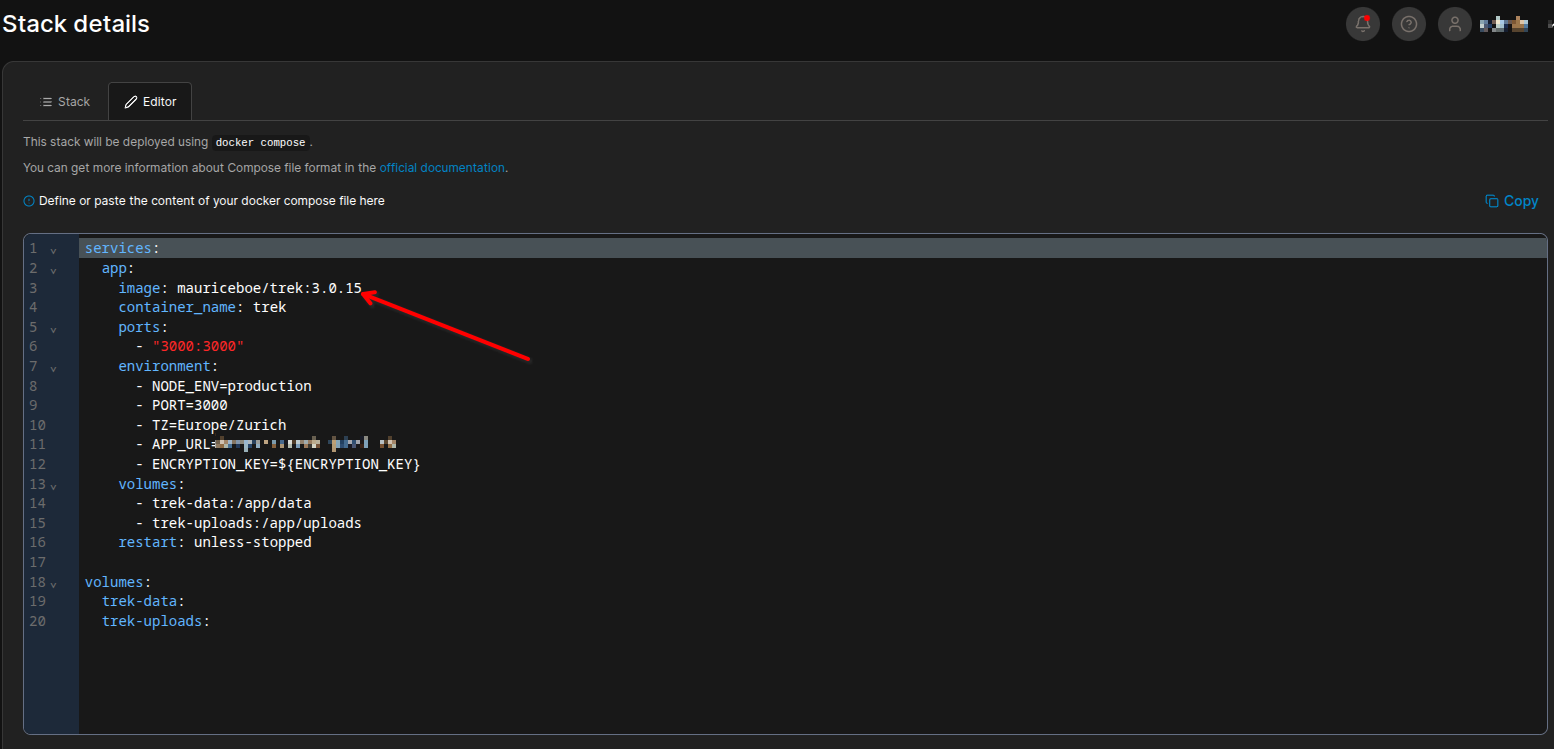 Edit stack page with an arrow pointing to the image tag in the compose editor