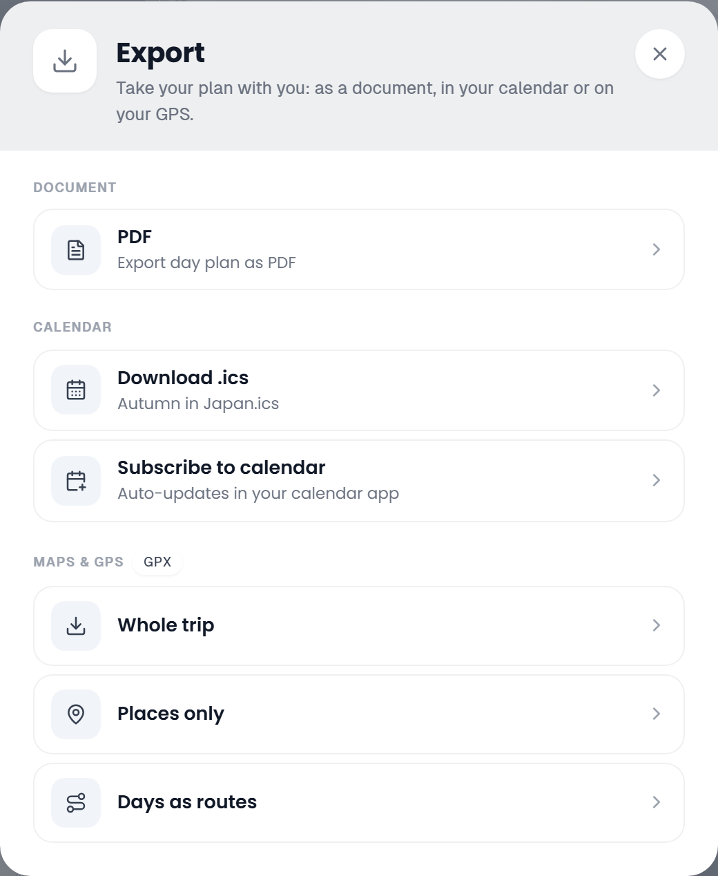 Export dialog with Document, Calendar and Maps & GPS groups; Download .ics and Subscribe to calendar sit under Calendar
