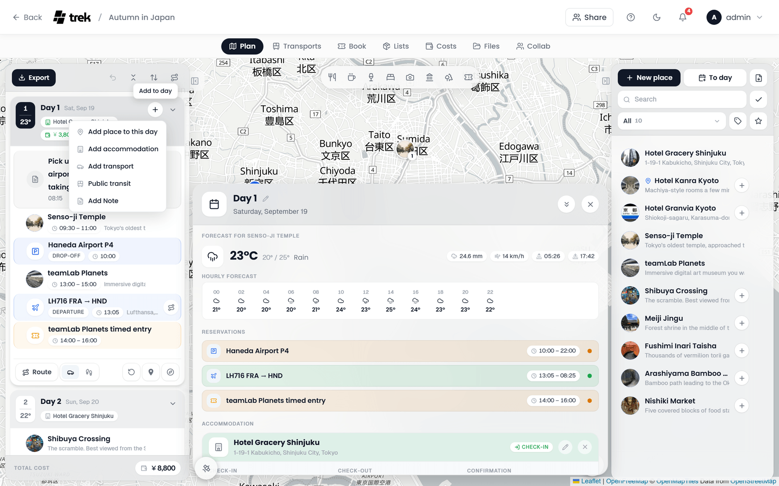 A day card with its + menu open: Add place to this day, Add accommodation, Add transport, Public transit and Add Note