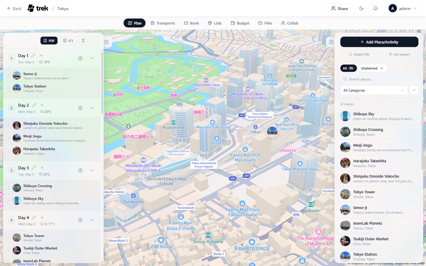 Trip planner with 3D map